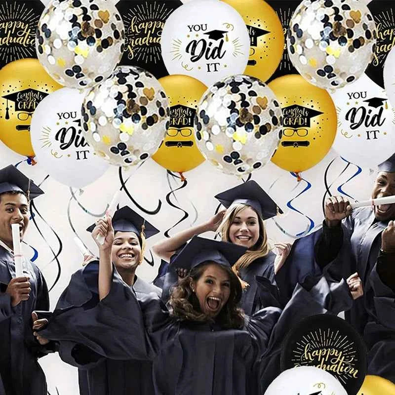 Graduation Balloons Black Gold  Confetti Celebration