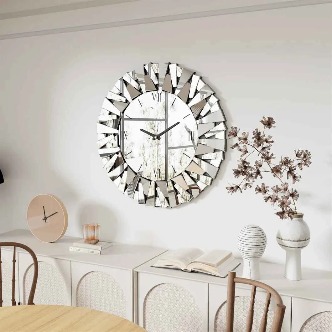 Mirrored Sunburst Clock Modern Roman Numeral Wall Decor