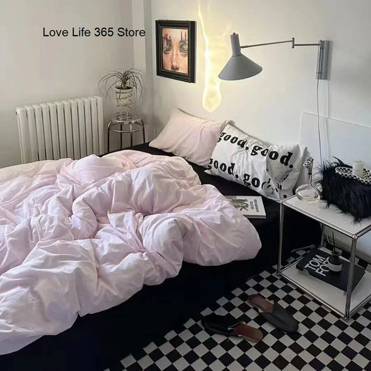 Stylish pink bedding ensemble showcased in a modern bedroom, featuring Zimonto's INS Pink Bedding set perfect for sweet dreams.