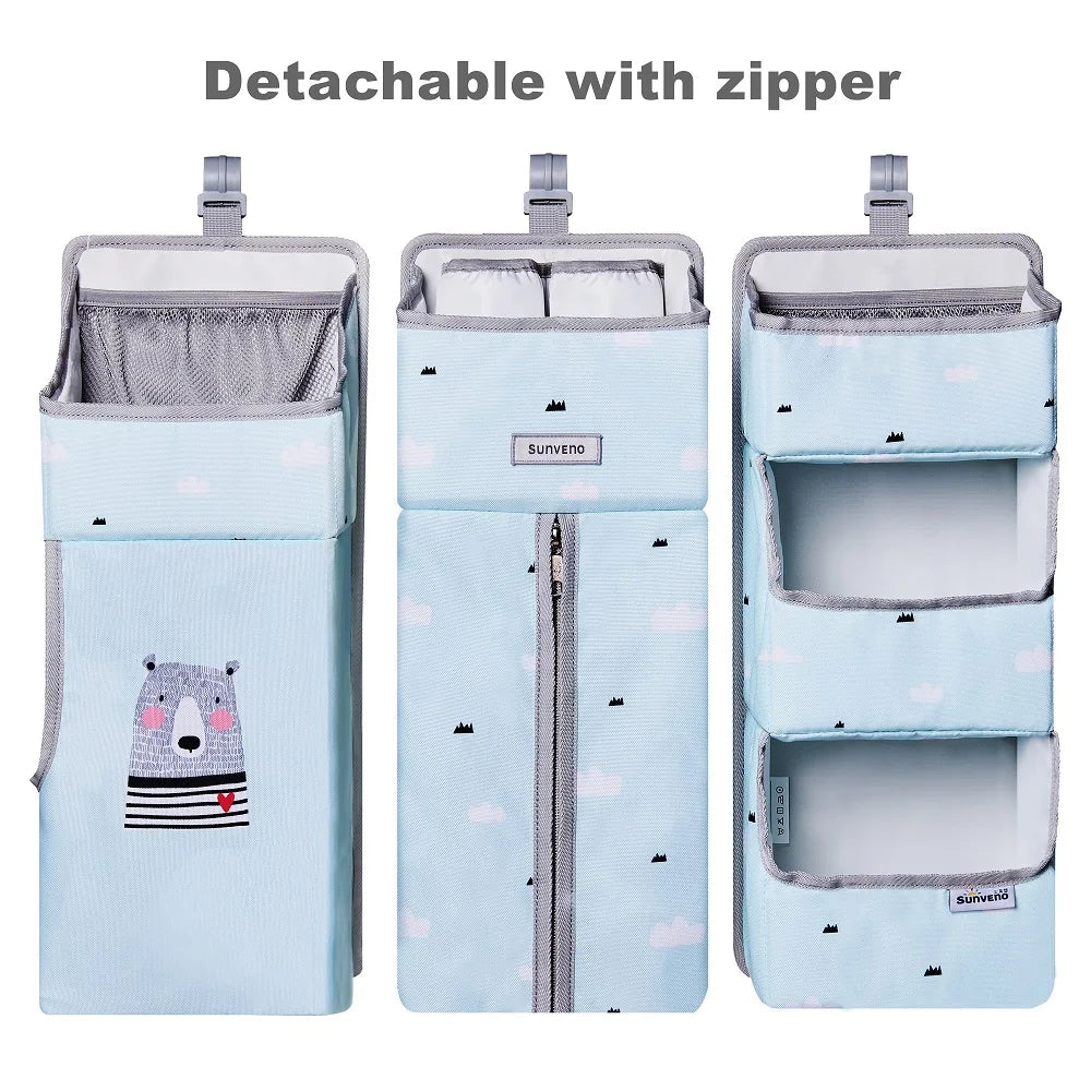 Sunveno Crib Organizer showing detachable sections with zipper, perfect for organizing baby supplies efficiently.