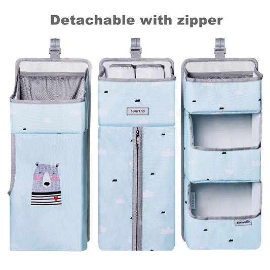 Sunveno Crib Organizer showing detachable sections with zipper, perfect for organizing baby supplies efficiently.