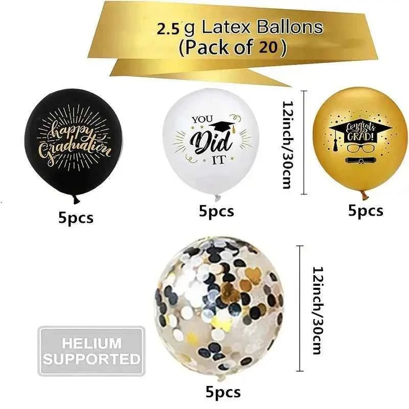Graduation Balloons Black Gold  Confetti Celebration