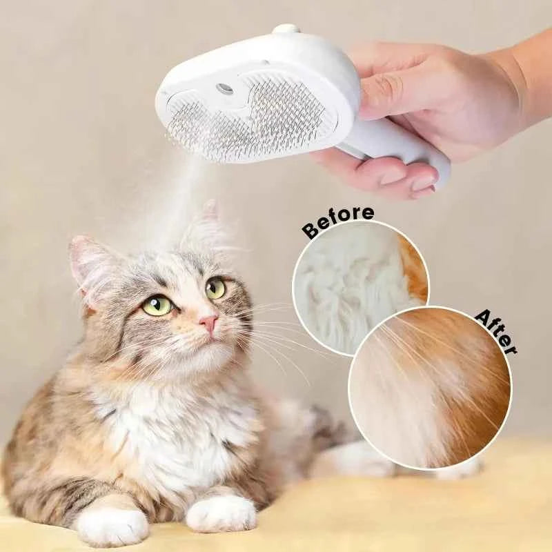 FurEase Comb – Spray, Comb, Shed-Free! Cat being groomed with the innovative detangling comb for animals, showing before and after results.