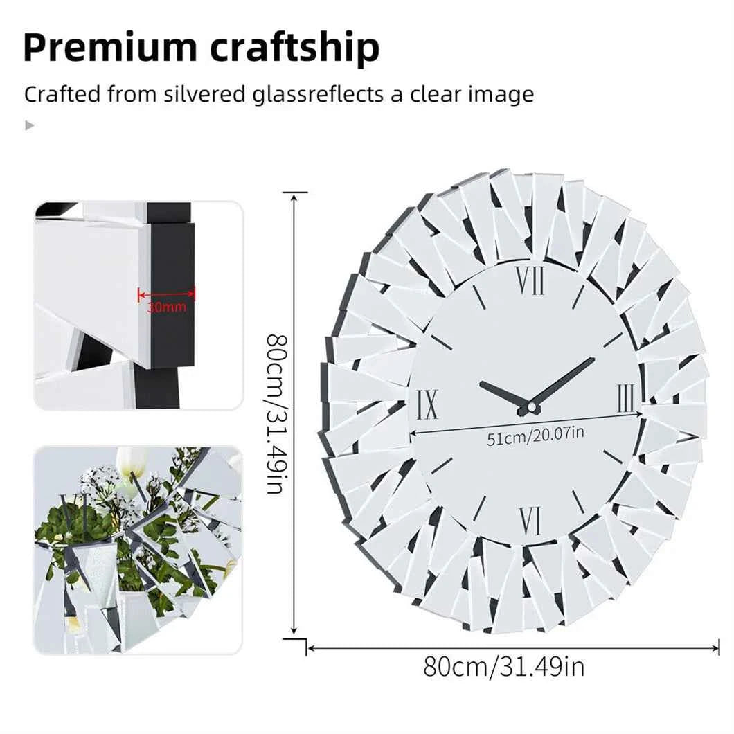 Mirrored Sunburst Clock Modern Roman Numeral Wall Decor