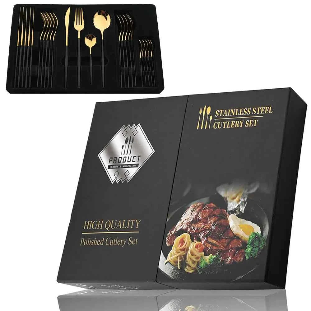 24pc Black Gold Stainless Steel Cutlery Set
