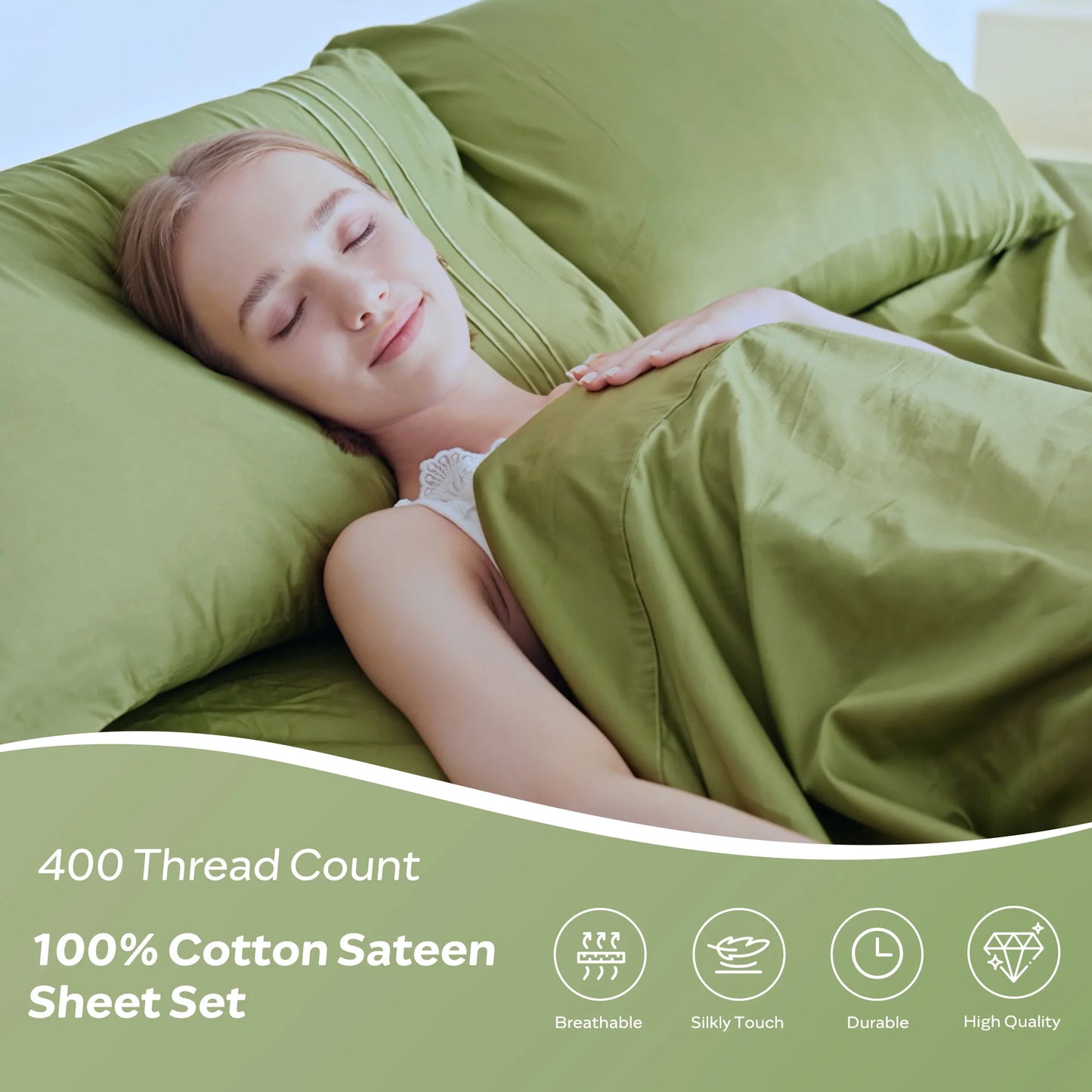 JELLYMONI Soft Cool Cotton Sateen Sheets featuring a model peacefully sleeping on a luxurious green bed set, emphasizing breathability and 400 thread count comfort.