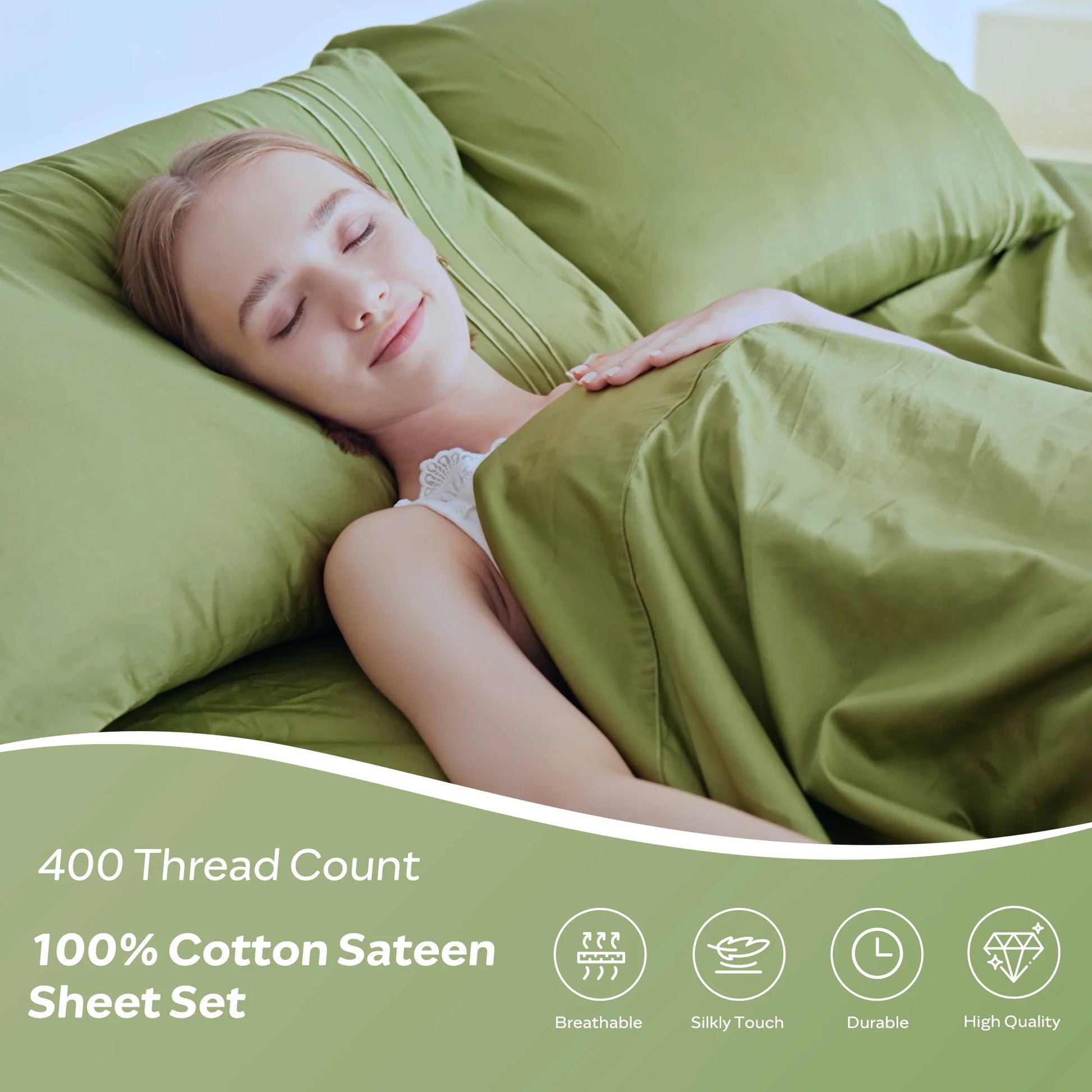 JELLYMONI Soft Cool Cotton Sateen Sheets featuring a model peacefully sleeping on a luxurious green bed set, emphasizing breathability and 400 thread count comfort.