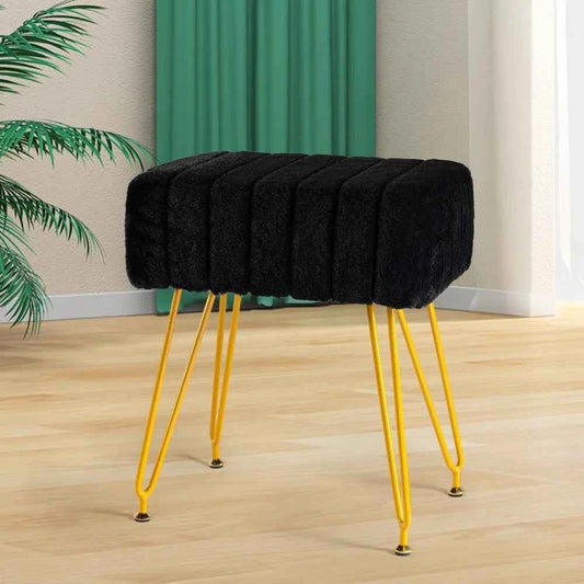 Vanity Stool Chair Faux Fur Vanity Seat Ottoman, Modern Decorative Footrest with 4 Metal Legs, Black