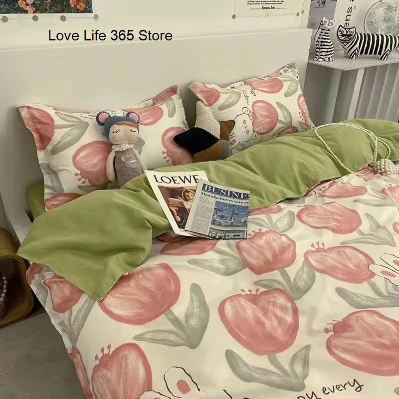 Vibrant and playful blossom-themed bedding layout featuring Zimonto's INS Pink Bedding ideal for a cheerful bedroom style.