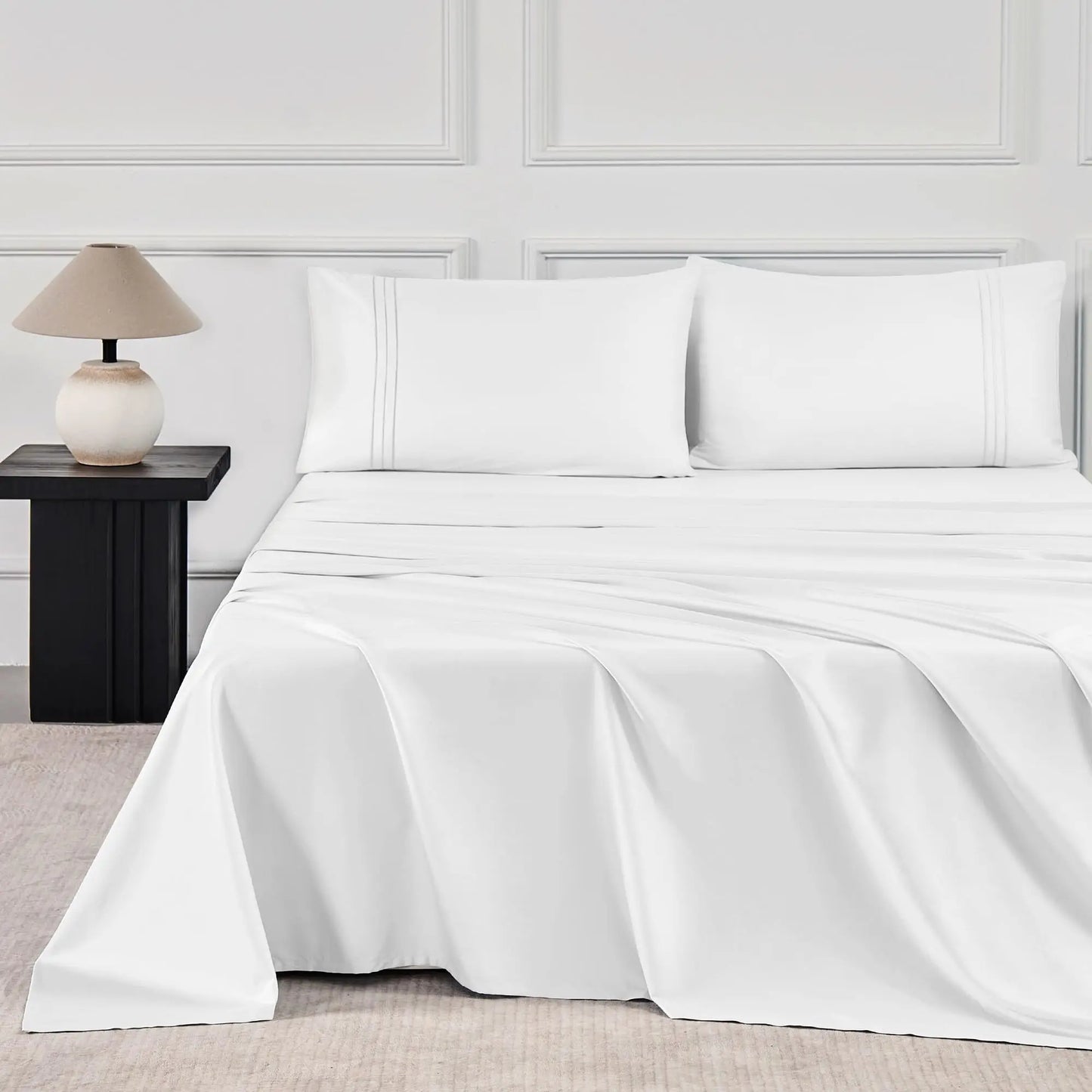 JELLYMONI Soft Cool Cotton Sateen Sheets in white color on a neatly made bed, showcasing luxurious softness and modern design.