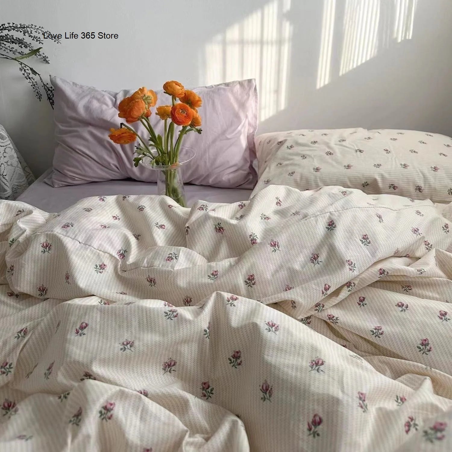 Cozy floral bedding arrangement in soft colors, highlighting a beautiful display of Zimonto's INS Pink Bedding for a chic touch.