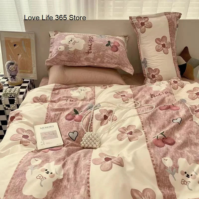 Whimsical cartoon print bedding set styled with plush toys, showcasing Zimonto's INS Pink Bedding for a fun and cozy atmosphere.
