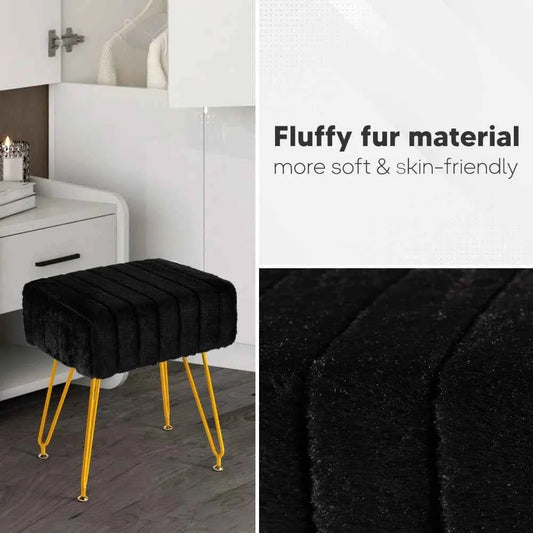 Vanity Stool Chair Faux Fur Vanity Seat Ottoman, Modern Decorative Footrest with 4 Metal Legs, Black