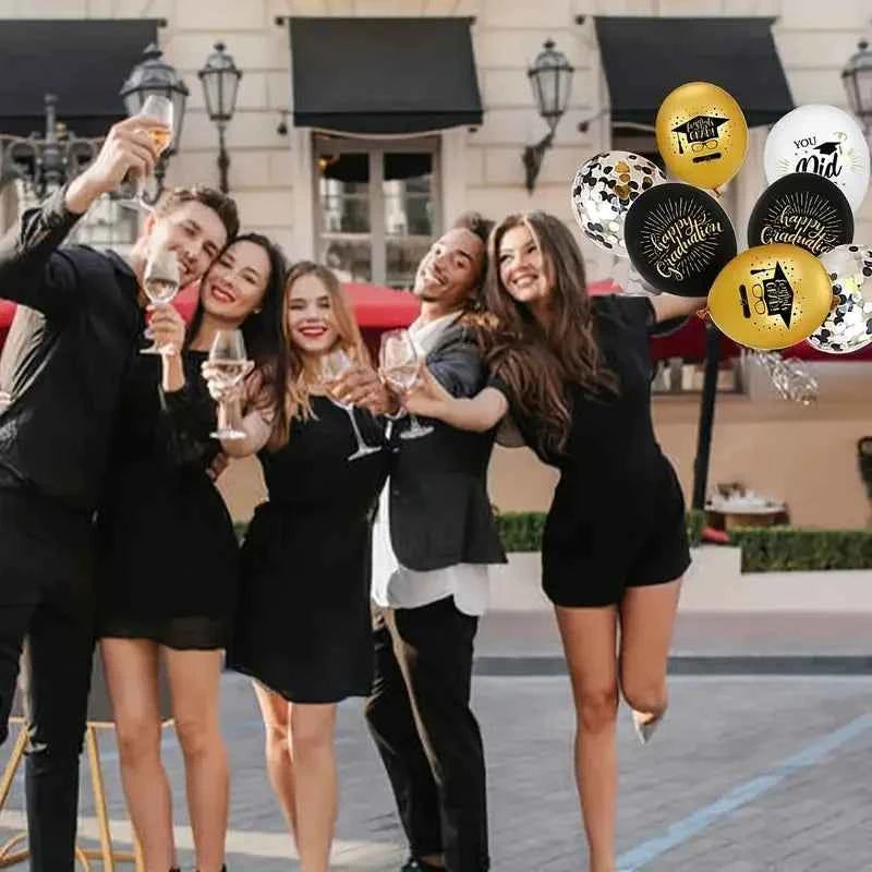Graduation Balloons Black Gold  Confetti Celebration