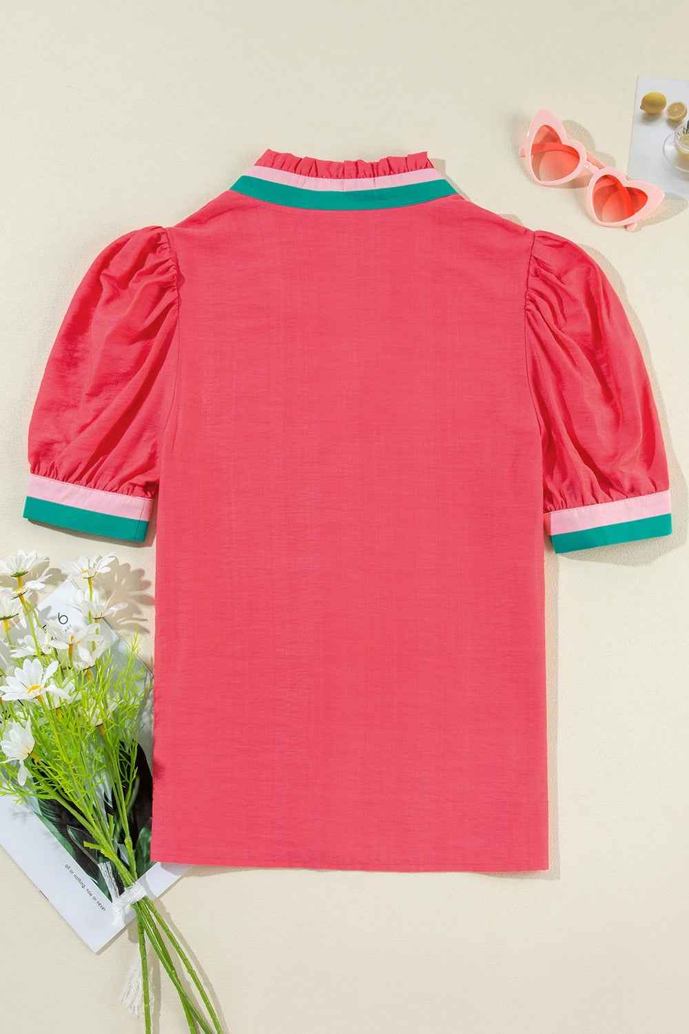 Contrast Trim Notched Short Sleeve Blouse