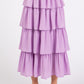 Close-up of the Mittoshop Chiffon Ruffle Layer Elastic Waist Midi Skirt in lavender, featuring multiple layers that create an elegant silhouette, perfect for any occasion. Zimonto's women's elastic waist skirt is a must-have.