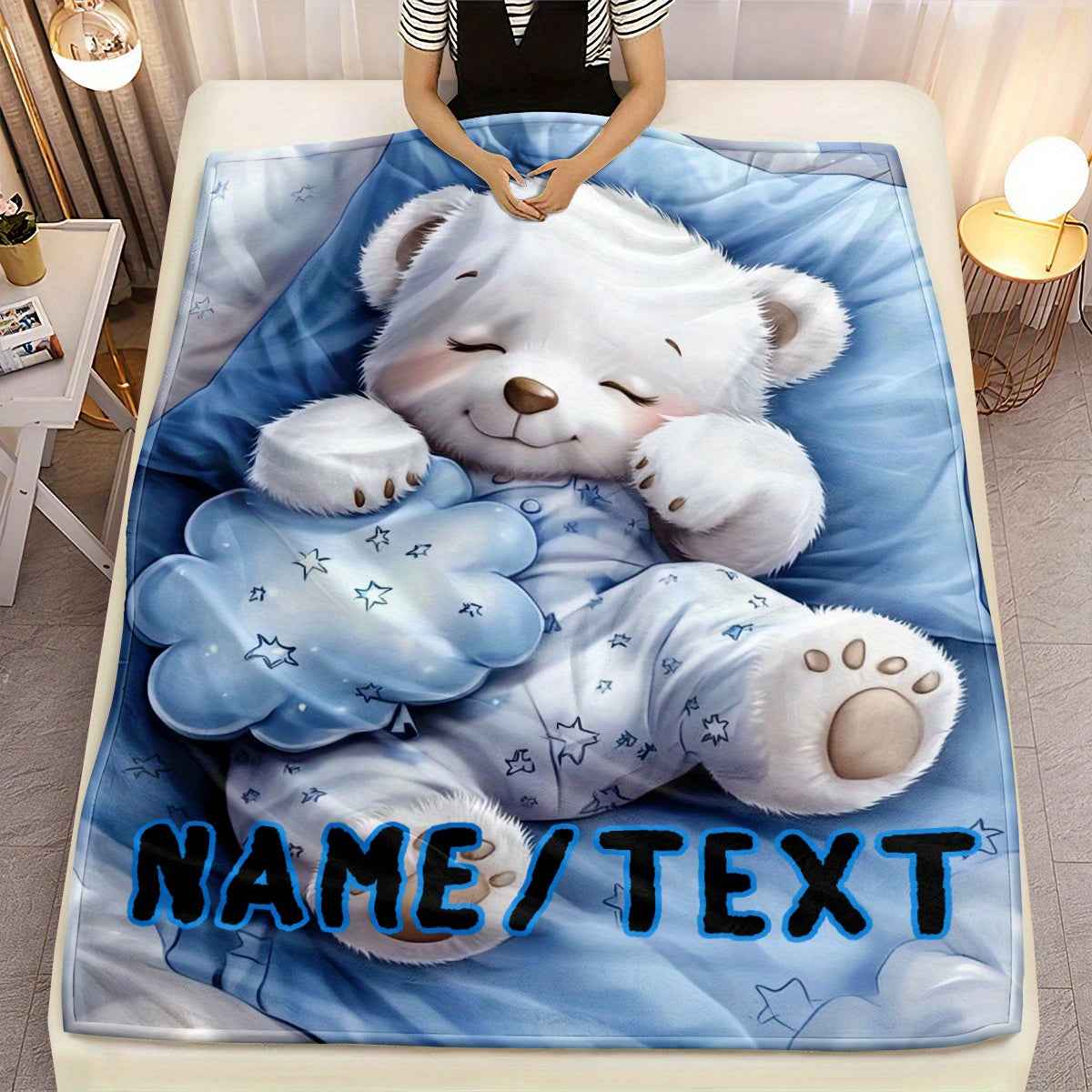 Personalized White Bear Soft Flannel Blanket Custom Warmth