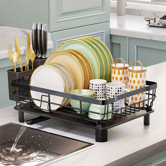 Zimonto Black Dish Drying Rack with Plates, Cups, and Cutlery for Kitchen Organization