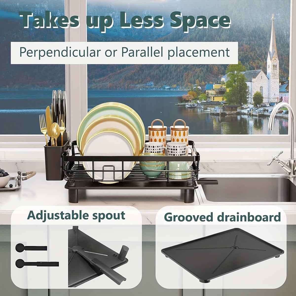 Zimonto Dish Rack with Adjustable Spout and Grooved Drainboard for Efficient Space Saving