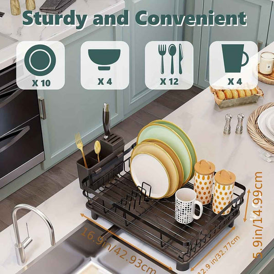 Zimonto Black Dish Rack with Space for 10 Plates, 12 Bowls, and 4 Glasses for Kitchen Organization