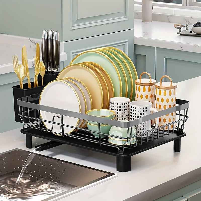 Zimonto Black Dish Drying Rack with Plates, Glasses, and Cutlery for Organized Kitchen Storage