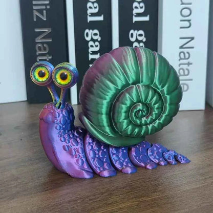 Colorful articulated 3D printed snail toy with vibrant eyes and detailed shell design
