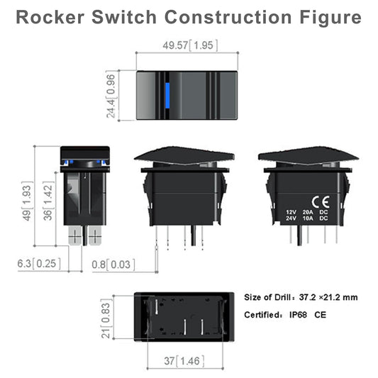 Zimonto 12V 24V boat rocker switch construction diagram showing dimensions and design features