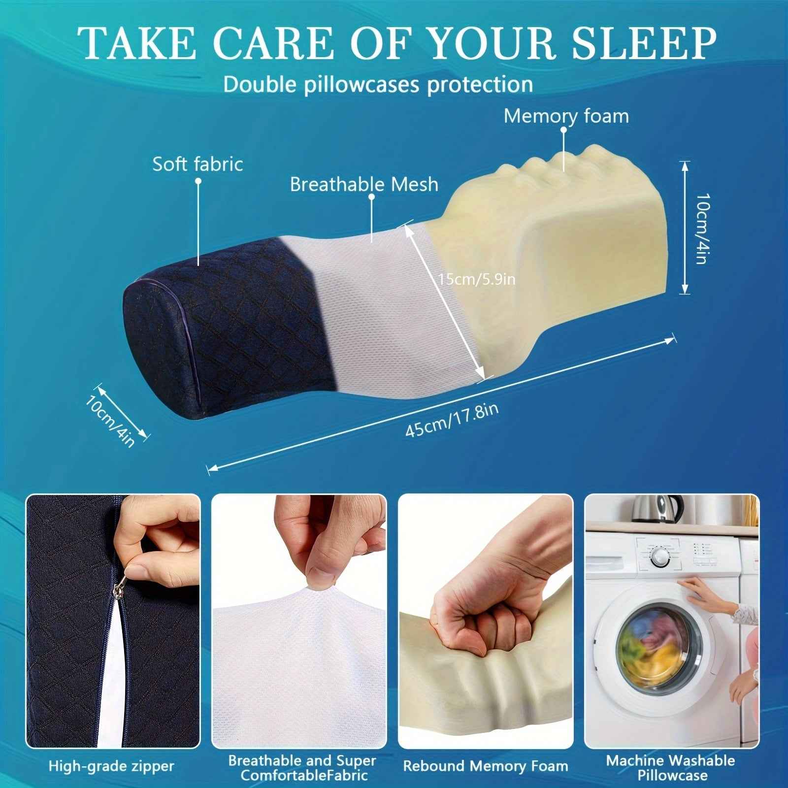 Neck Support Pillow Medium Soft Blue Washable Sleep Relief