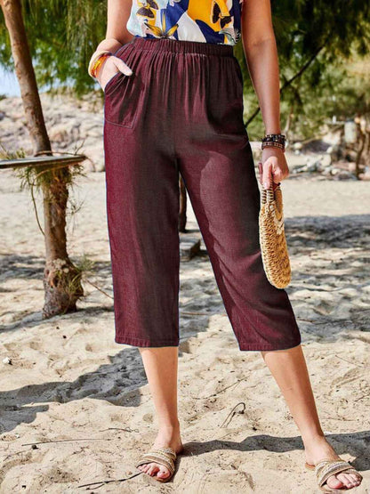 Women's Pocketed Elastic Waist Capris in burgundy, designed for comfort with an elastic waistband and chic pockets.