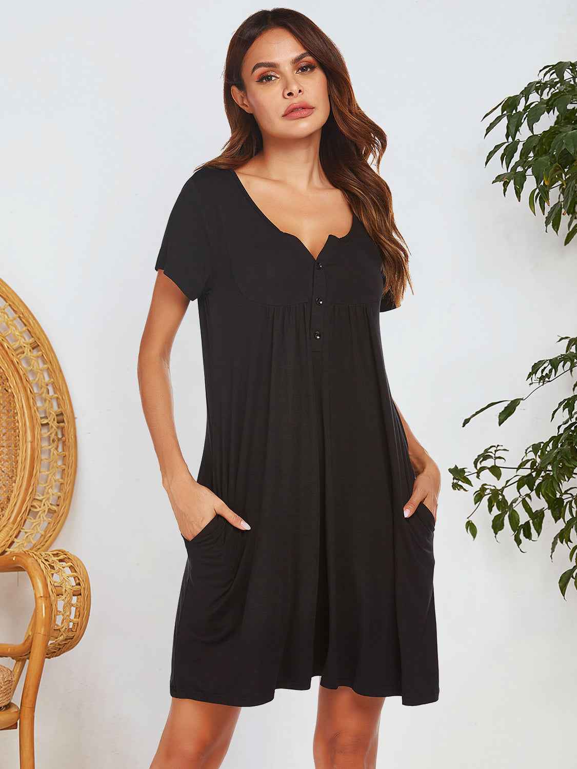 Notched Short Sleeve Mini Lounge Dress