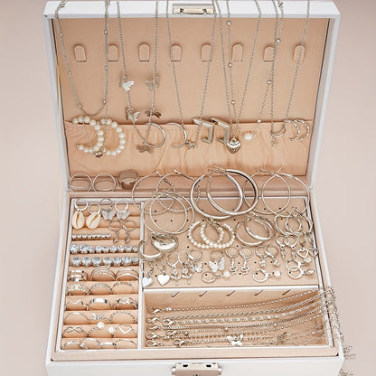 Zimonto - A Set Of 108 Elegant And Simple Imitation Pearl Geometric Heart Butterfly Star Stackable Rings, Earrings, Ear Studs, Necklaces, Bracelets, Fashionable Jewelry For Ladies, Suitable For Daily Wear, Parties, Vacations, Dates, And Holidays As Gifts (without B 【silvery】