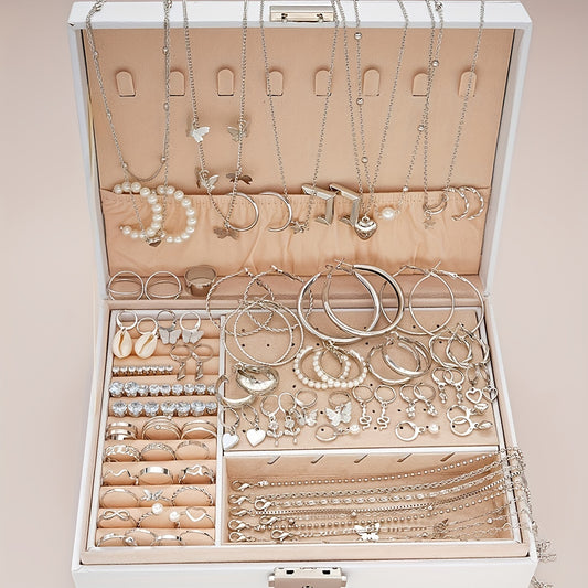 Zimonto - A Set Of 108 Elegant And Simple Imitation Pearl Geometric Heart Butterfly Star Stackable Rings, Earrings, Ear Studs, Necklaces, Bracelets, Fashionable Jewelry For Ladies, Suitable For Daily Wear, Parties, Vacations, Dates, And Holidays As Gifts (without B 【silvery】
