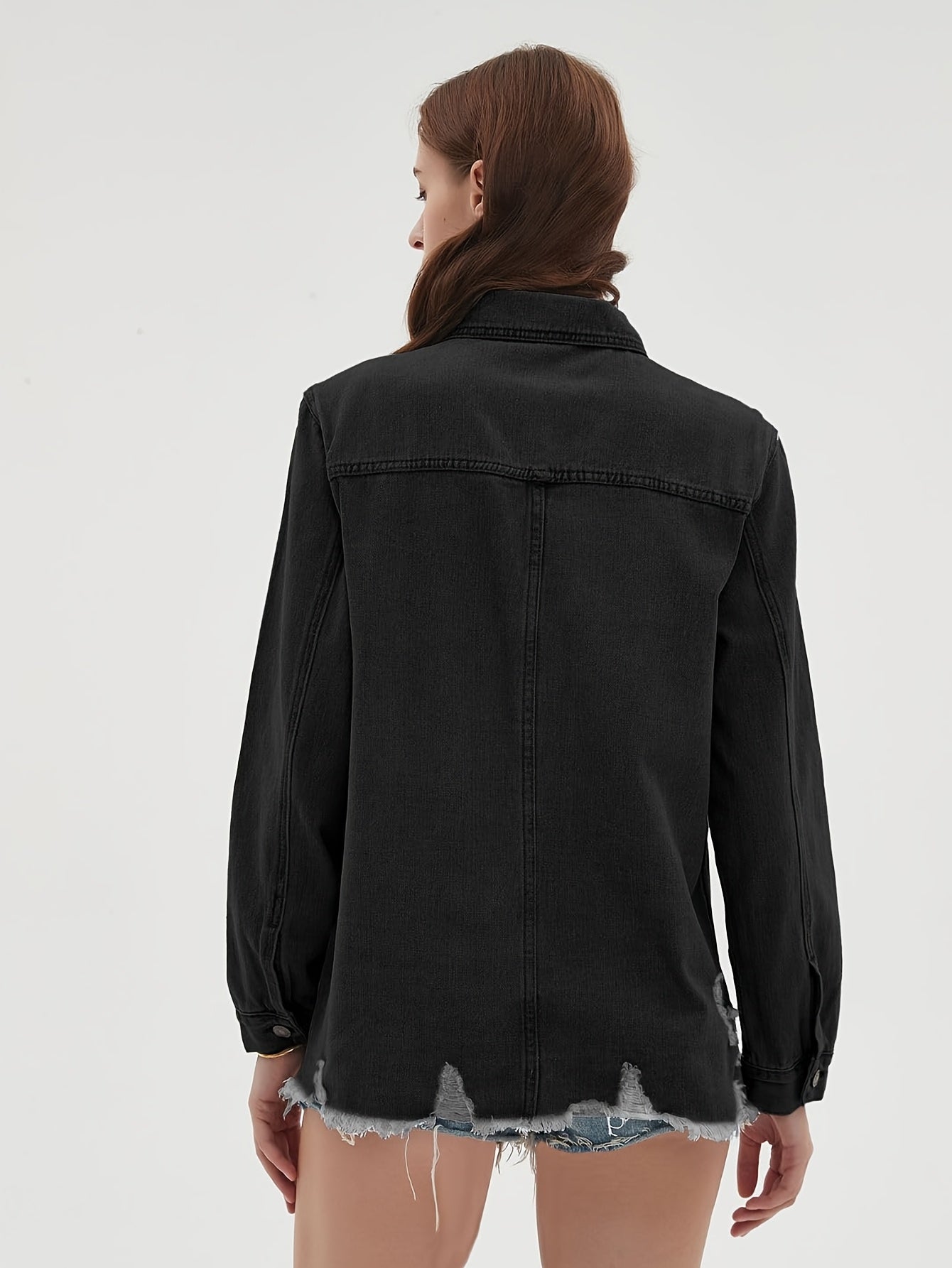 Zimonto - Womens Oversized Faux Denim Jacket with Frayed Hem