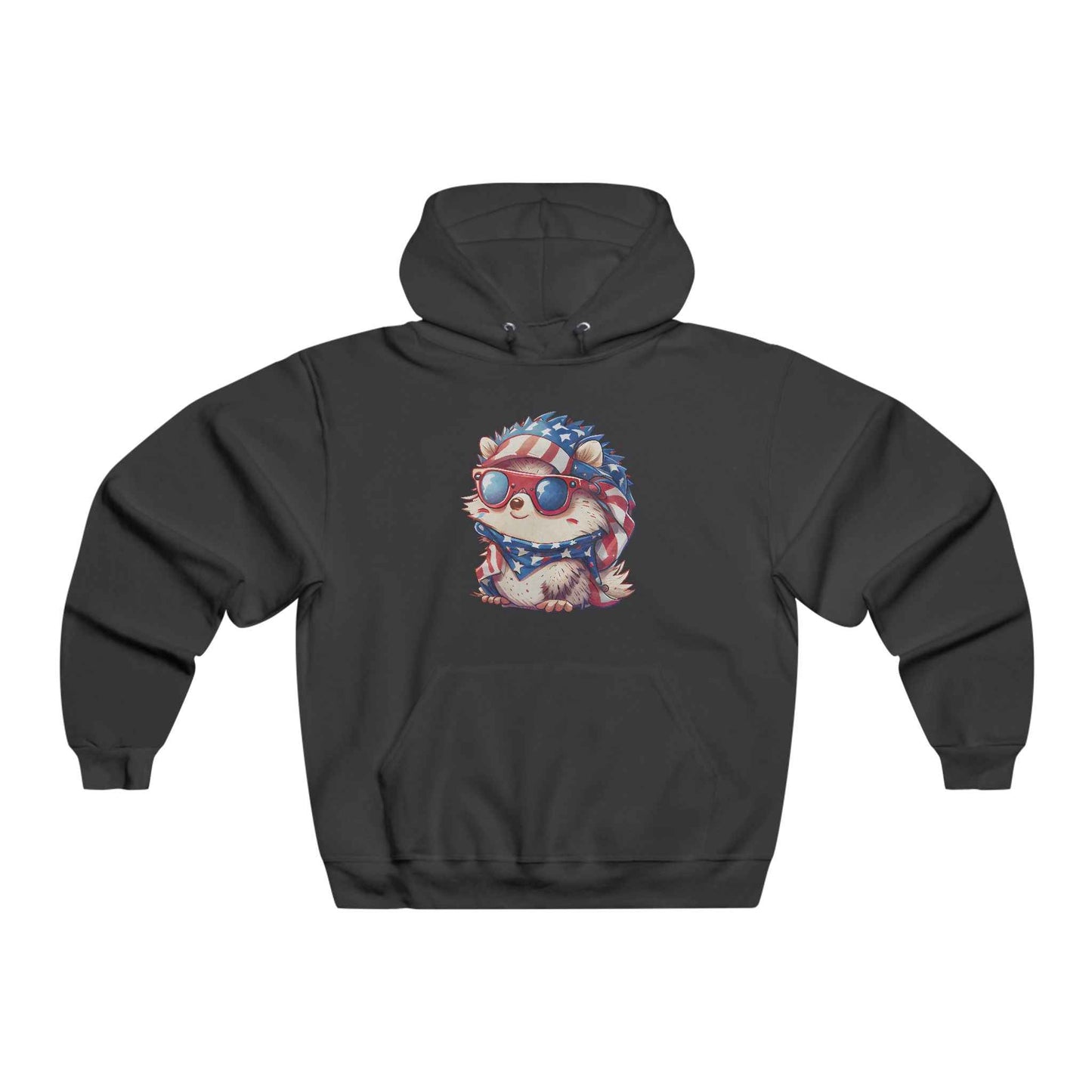 Hedgehog hoodie for adults featuring a cute hedgehog in sunglasses with patriotic design