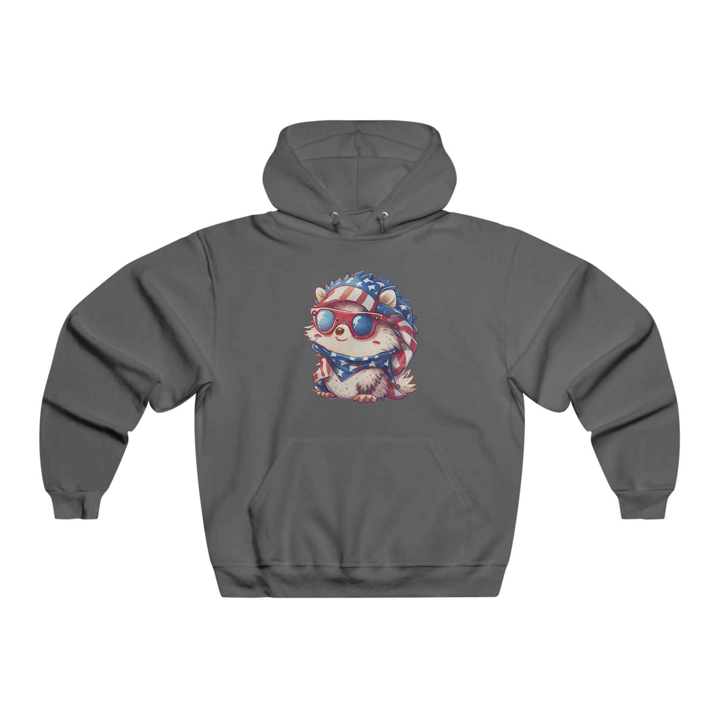 Gray hedgehog hoodie for adults featuring a cute hedgehog in sunglasses with a patriotic design