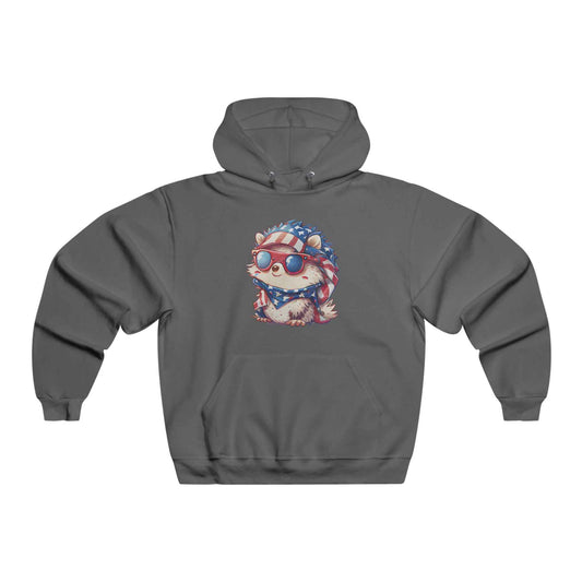 Gray hedgehog hoodie for adults featuring a cute hedgehog in sunglasses with a patriotic design