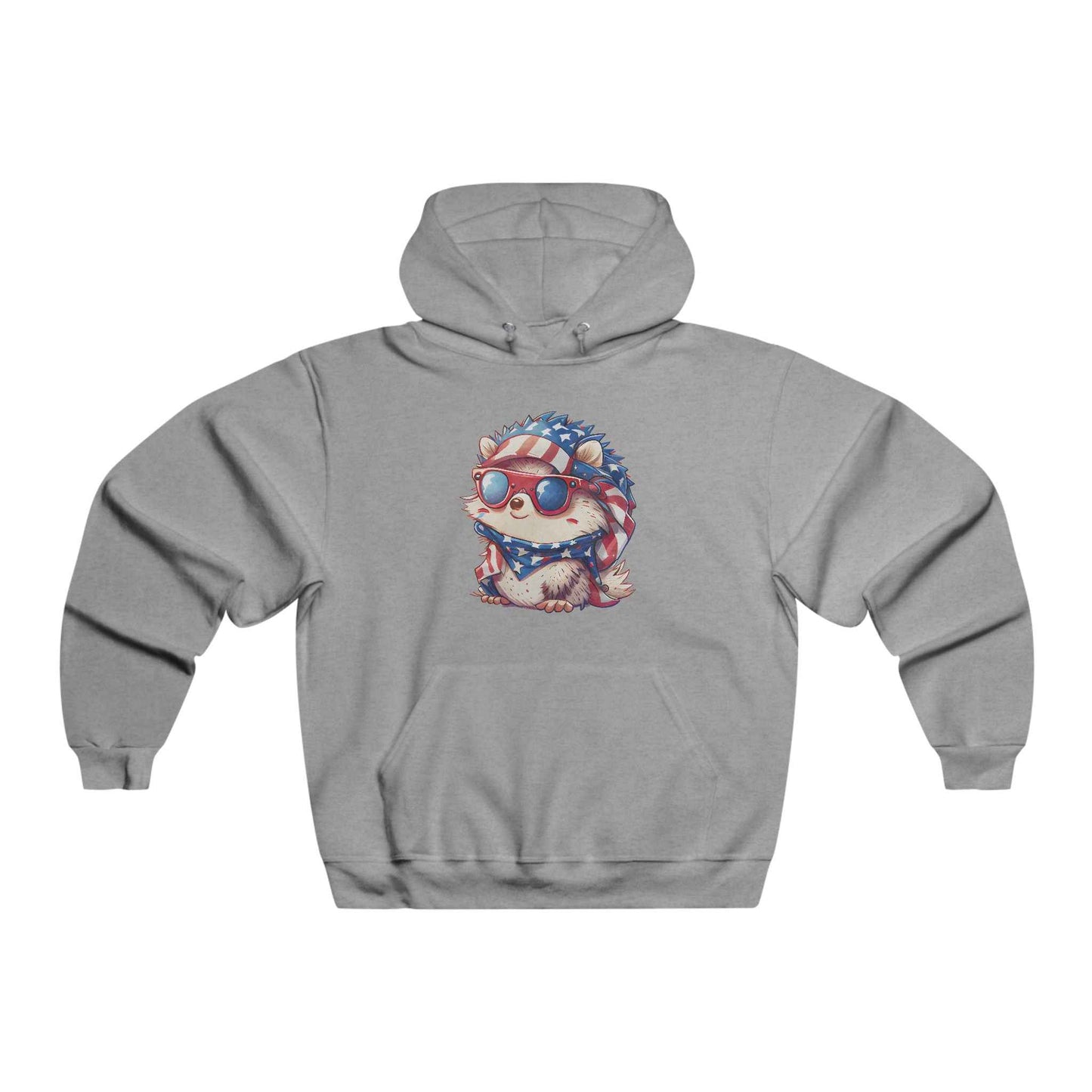 Gray Hedgehog Hoodie for Adults featuring a colorful hedgehog wearing sunglasses