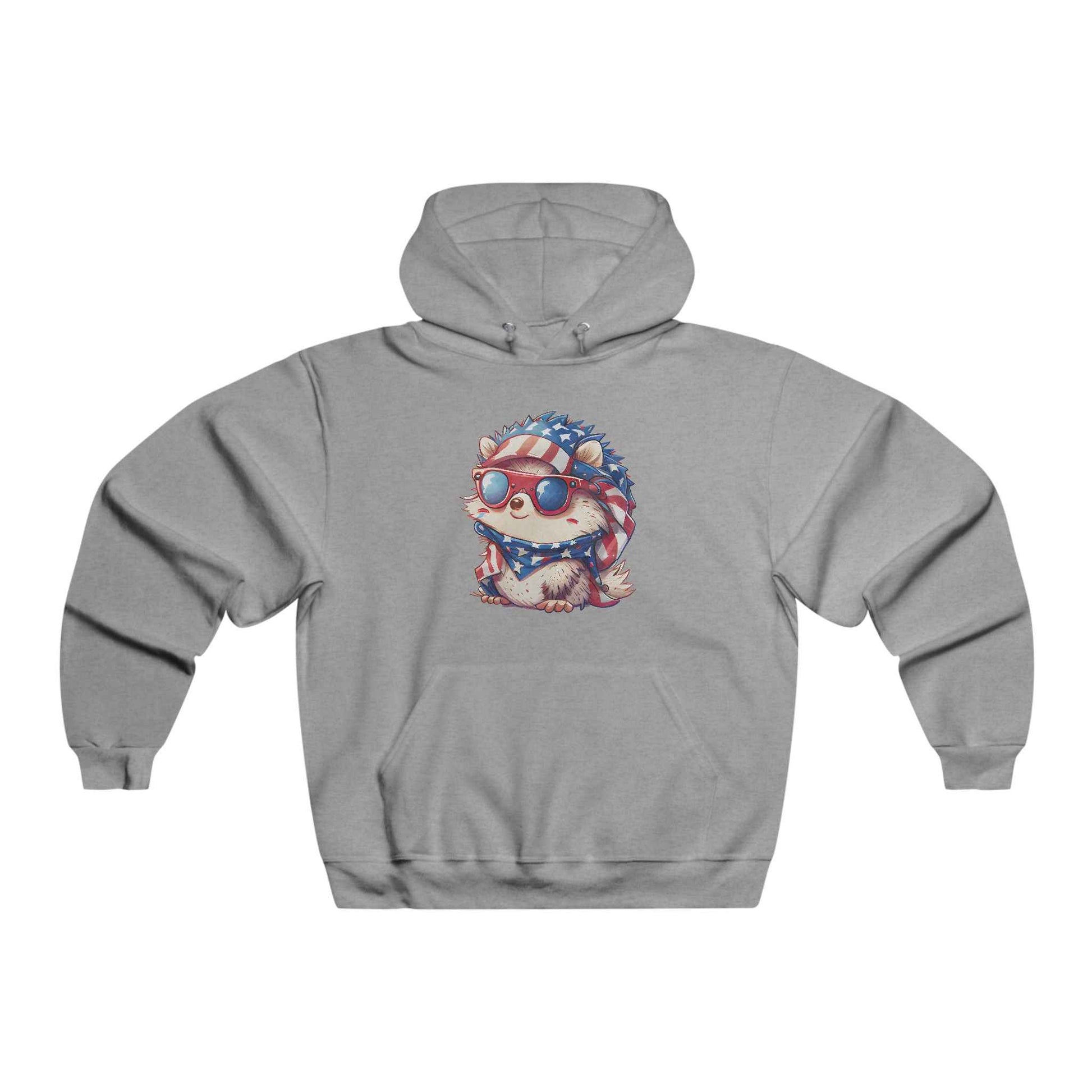 Gray Hedgehog Hoodie for Adults featuring a colorful hedgehog wearing sunglasses
