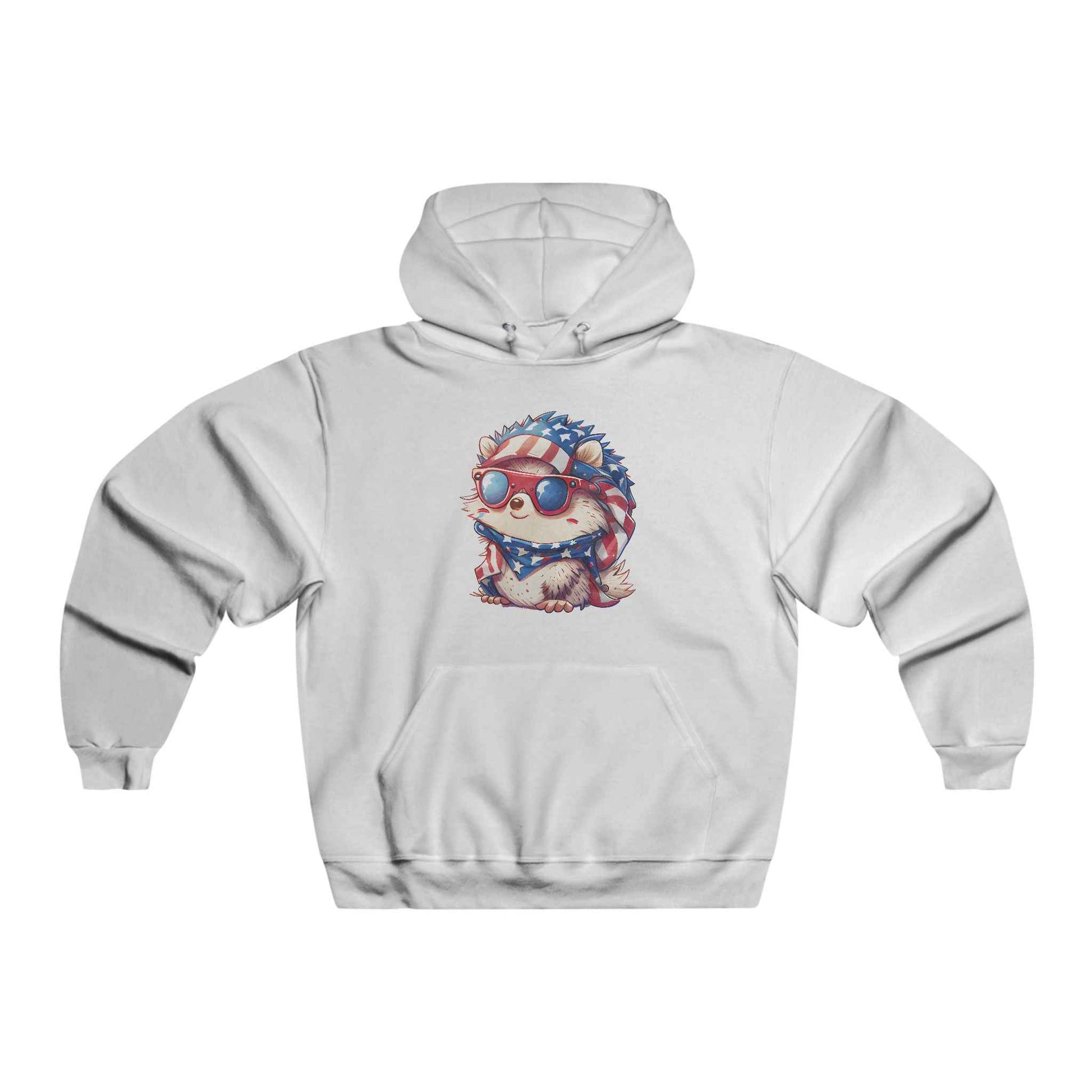 Cozy white hedgehog hoodie for adults featuring a cute hedgehog wearing sunglasses