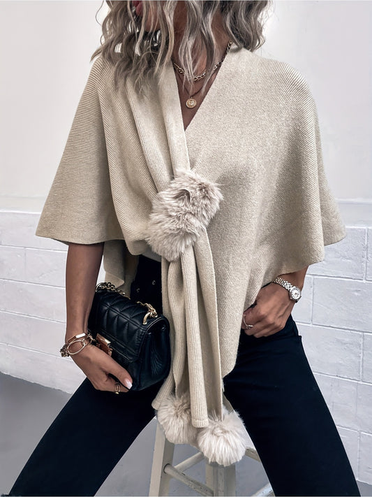 imms1k-9f - VintageStyle Womens Plush Knit Shawl Cardigan Cape