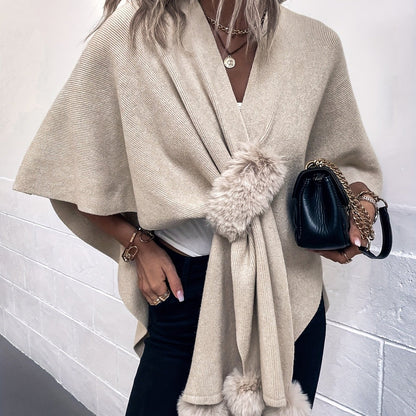 imms1k-9f - VintageStyle Womens Plush Knit Shawl Cardigan Cape Elegant Beige Universal Fit