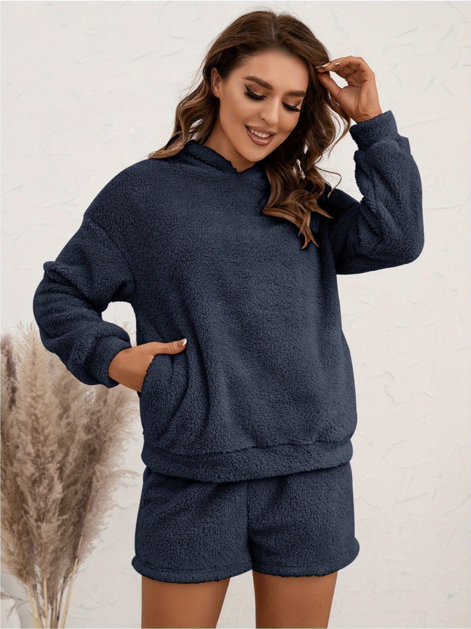 imms1k-9f - Womens Cozy Fluffy Fleece Pajama Hoodie and Shorts Set