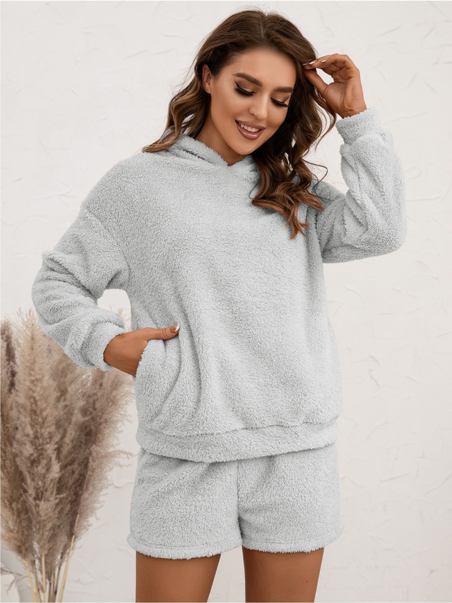 imms1k-9f - Womens Cozy Fluffy Fleece Pajama Hoodie and Shorts Set