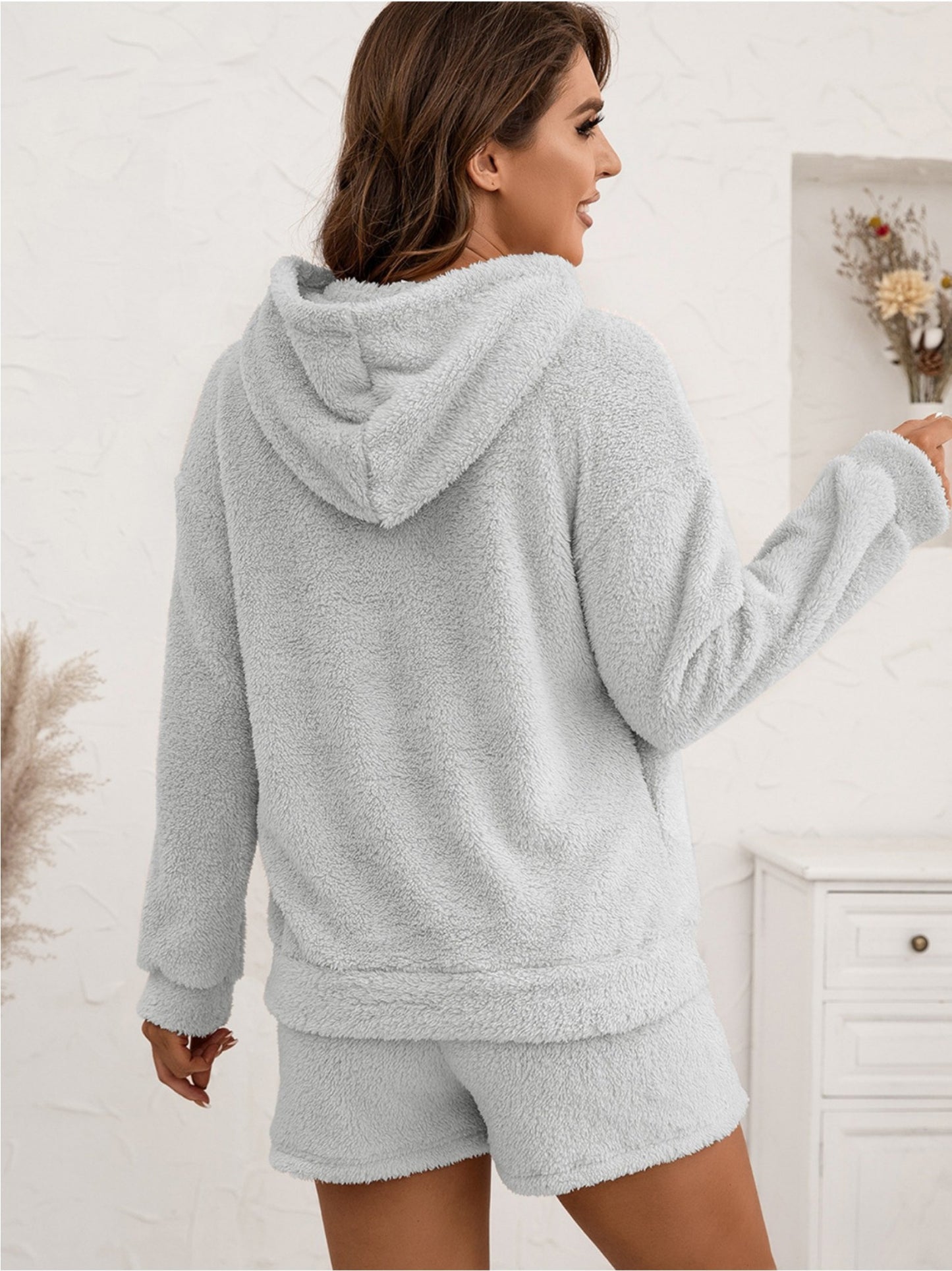 imms1k-9f - Womens Cozy Fluffy Fleece Pajama Hoodie and Shorts Set