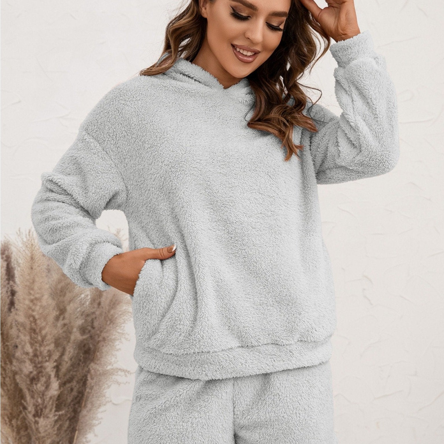 imms1k-9f - Womens Cozy Fluffy Fleece Pajama Hoodie and Shorts Set Gray