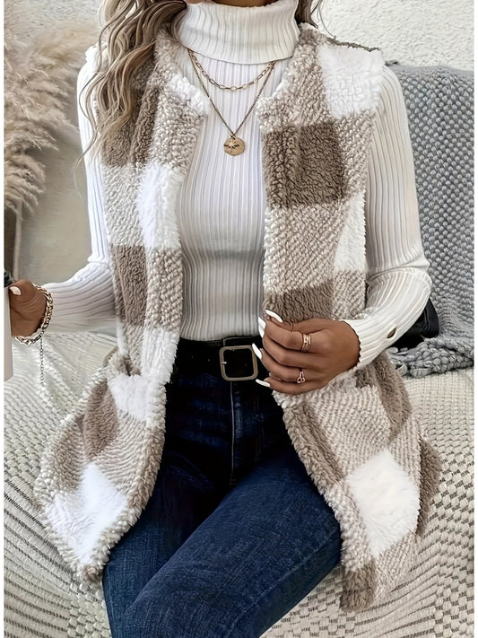 imms1k-9f - Womens Cozy Plaid Fuzzy Vest with Convenient Pockets