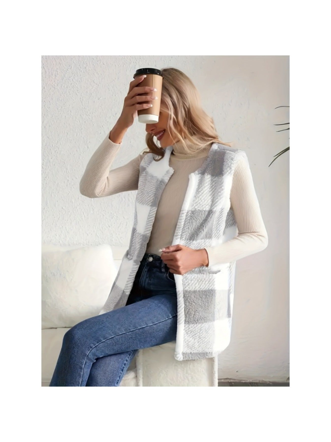 imms1k-9f - Womens Cozy Plaid Fuzzy Vest with Convenient Pockets