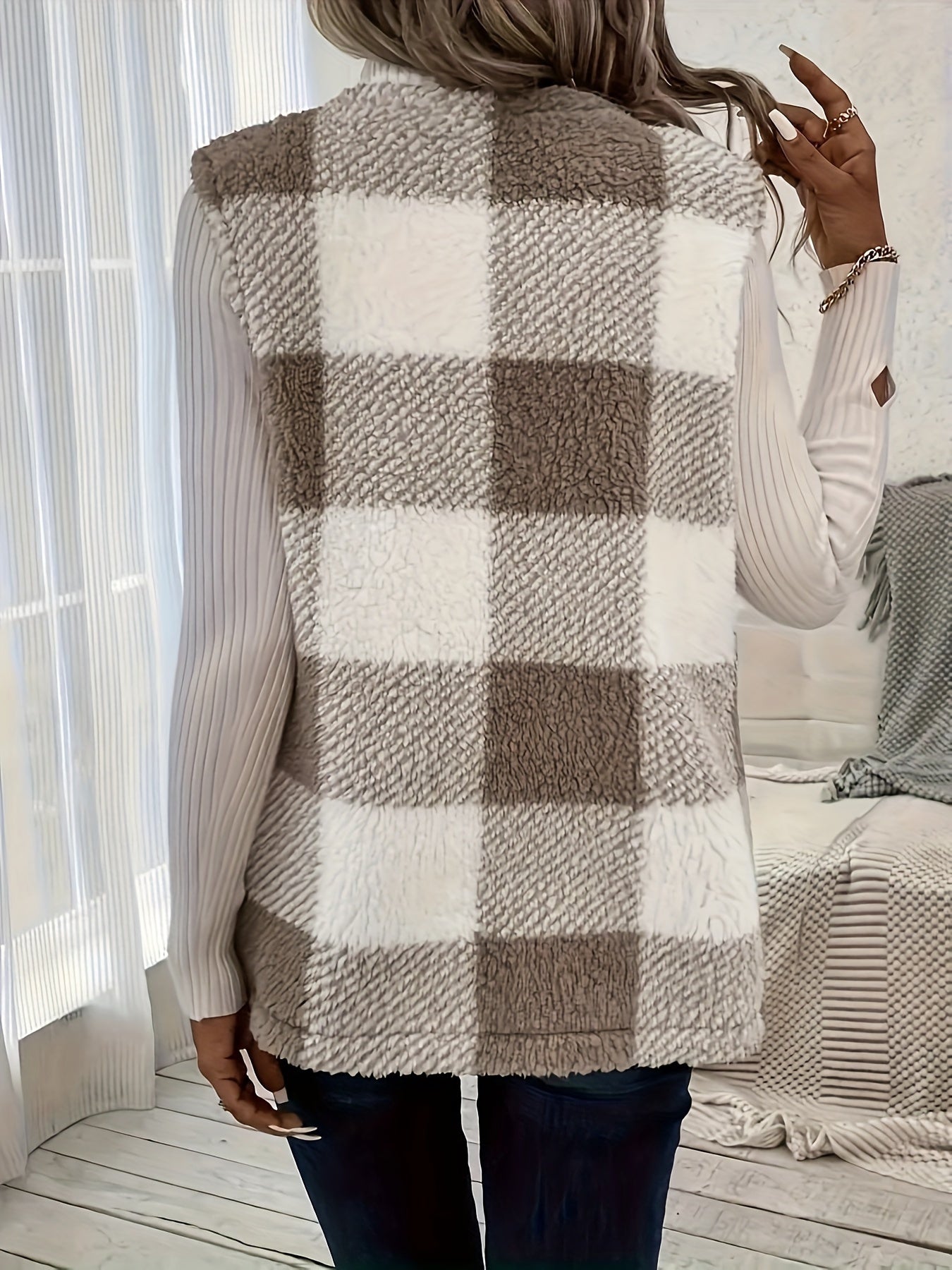 imms1k-9f - Womens Cozy Plaid Fuzzy Vest with Convenient Pockets