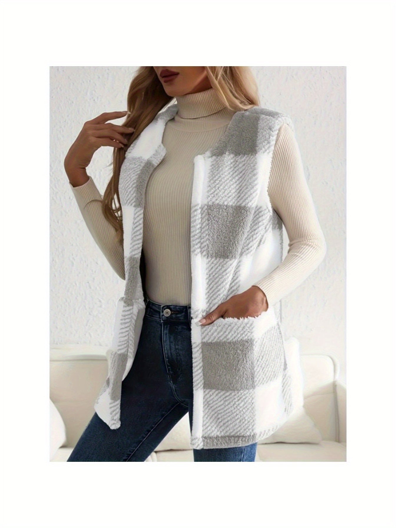 imms1k-9f - Womens Cozy Plaid Fuzzy Vest with Convenient Pockets
