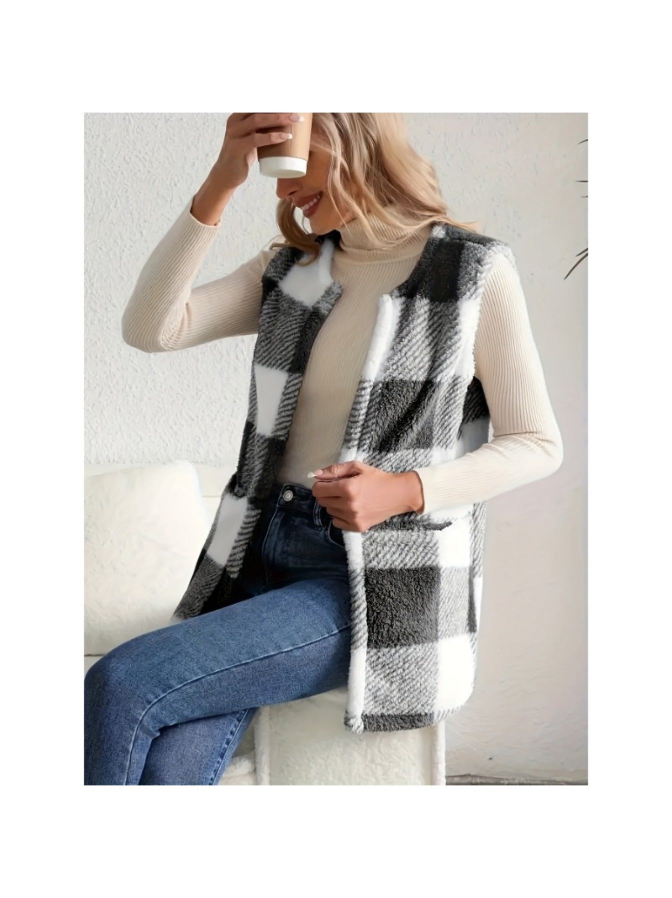 imms1k-9f - Womens Cozy Plaid Fuzzy Vest with Convenient Pockets